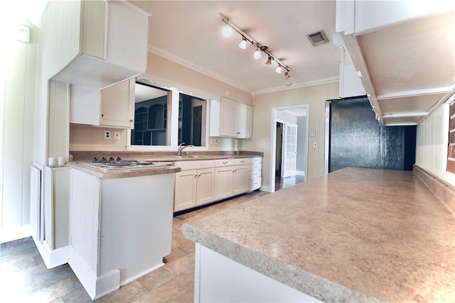 2108 Darling Ave, Waycross, GA 31501 - kitchen with ornamental molding, white cabinets, freestanding refrigerator, rail lighting, and a sink