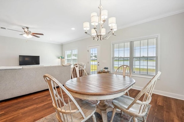 139 Allie Loop, Brunswick, GA 31525 - dining area with wood finished floors, ornamental molding, a ceiling fan, a chandelier, and recessed lighting