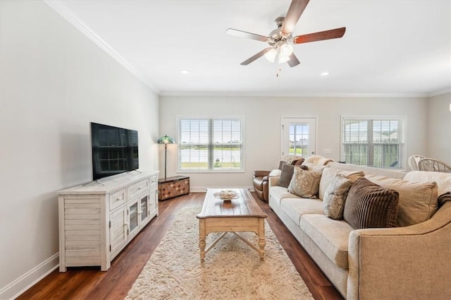 139 Allie Loop, Brunswick, GA 31525 - living room with healthy amount of natural light, a ceiling fan, dark wood-style flooring, ornamental molding, and recessed lighting