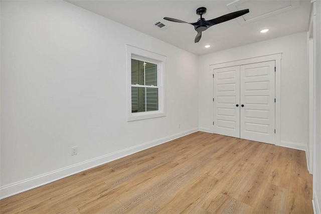247 Circle Dr, Saint Simons Island, GA 31522 - unfurnished bedroom with light wood finished floors, recessed lighting, baseboards, a closet, and ceiling fan