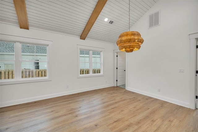 247 Circle Dr, Saint Simons Island, GA 31522 - unfurnished room featuring healthy amount of natural light, light wood-type flooring, a chandelier, baseboards, and wooden ceiling with exposed beams