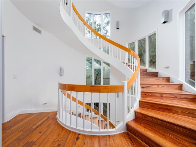 staircase with hardwood / wood-style floors, a towering ceiling, and a healthy amount of sunlight