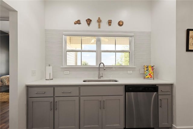 1317 Kyles Loop NE, Townsend, GA 31331 - kitchen featuring dishwasher, gray cabinetry, light countertops, and tasteful backsplash