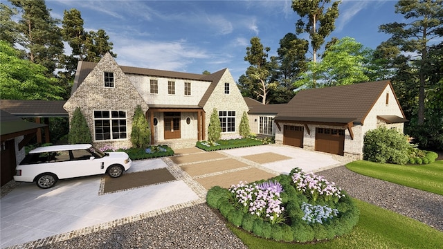 view of front of home featuring stone siding, an outbuilding, concrete driveway, and an attached garage