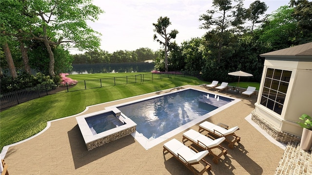 view of pool featuring a pool with connected hot tub, a lawn, a patio area, a fenced backyard, and a fire pit