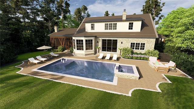 rear view of house with a yard, a patio, a chimney, a sunroom, and an outdoor pool