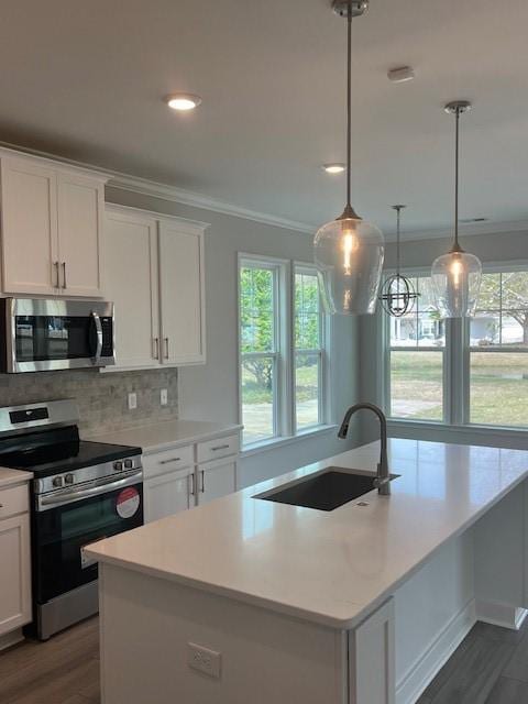 kitchen with sink, hanging light fixtures, stainless steel appliances, a kitchen island with sink, and white cabinets