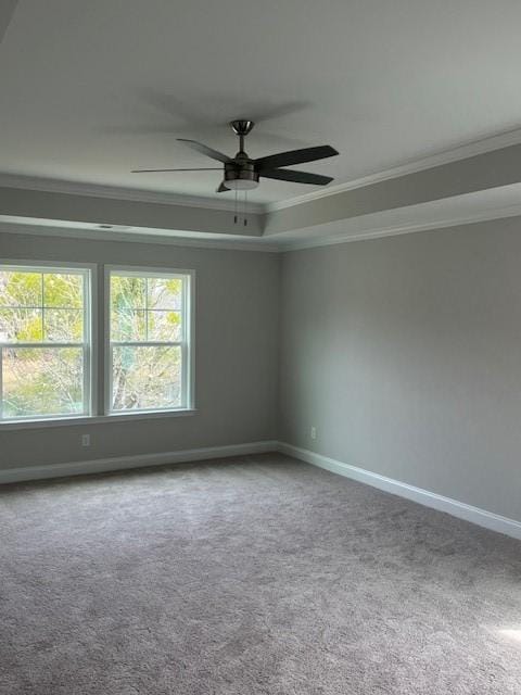 carpeted empty room featuring ceiling fan, a raised ceiling, and ornamental molding