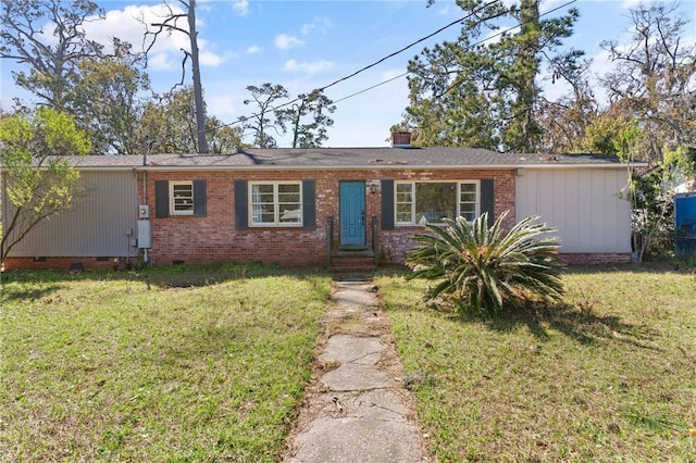 single story home with a front yard, crawl space, brick siding, and a chimney