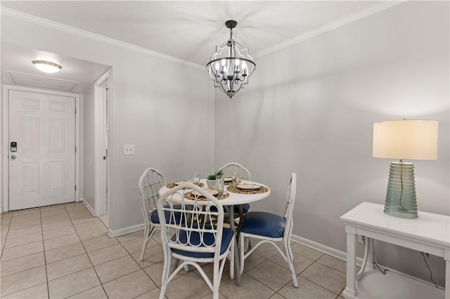 dining area with crown molding, light tile patterned floors, and a notable chandelier