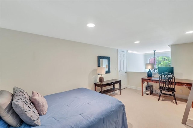 bedroom with recessed lighting, light colored carpet, and baseboards