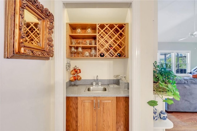 bar featuring wood finished floors, a sink, a ceiling fan, and wet bar