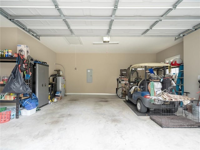 garage with electric panel and electric water heater