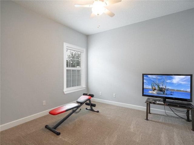 exercise room featuring ceiling fan and carpet