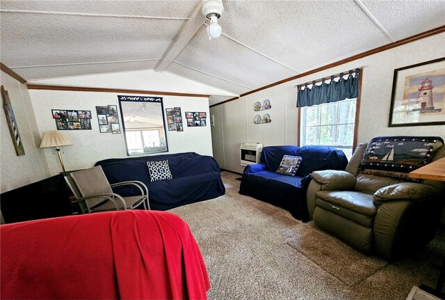 carpeted living room featuring ornamental molding, a textured ceiling, heating unit, and lofted ceiling