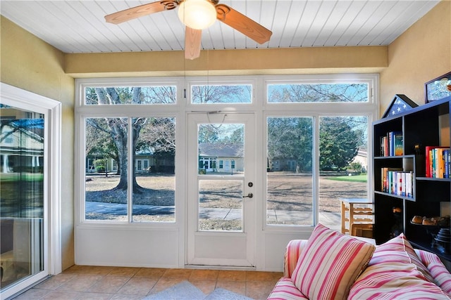 sunroom / solarium with wood ceiling and ceiling fan