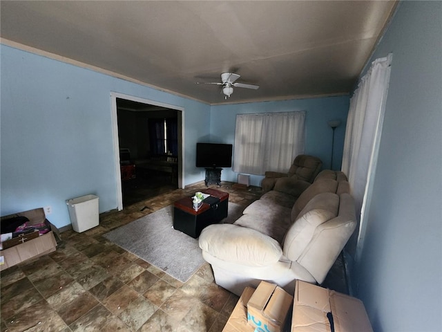 living room featuring ceiling fan