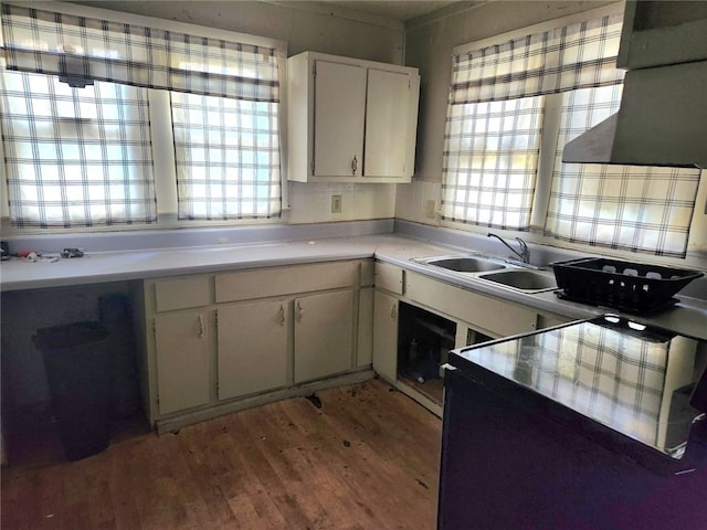 kitchen featuring white cabinetry, sink, ventilation hood, and light hardwood / wood-style flooring