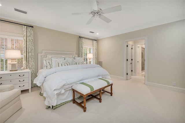 bedroom featuring light carpet, baseboards, visible vents, ceiling fan, and recessed lighting