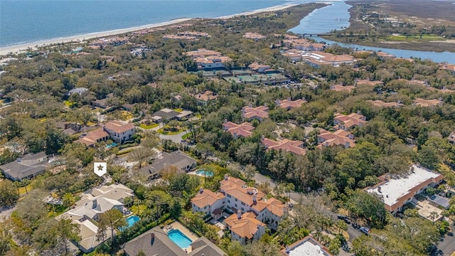 aerial view with a water view and a residential view