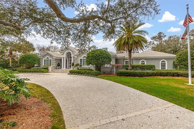 view of front of house with driveway, a front lawn, and stucco siding