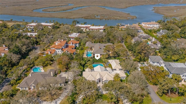 aerial view featuring a water view and a residential view