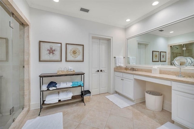 full bath with a stall shower, tile patterned flooring, vanity, and recessed lighting