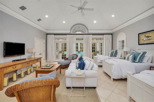 bedroom with access to outside, french doors, visible vents, and crown molding