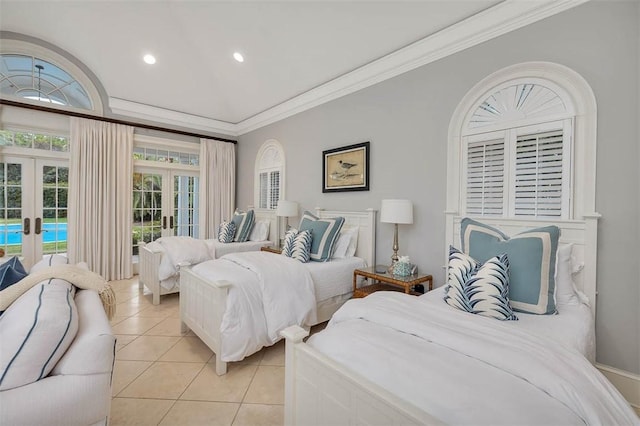 bedroom with light tile patterned floors, recessed lighting, access to outside, french doors, and ornamental molding