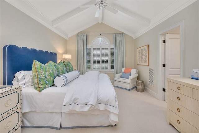 bedroom featuring vaulted ceiling with beams, a ceiling fan, baseboards, ornamental molding, and carpet