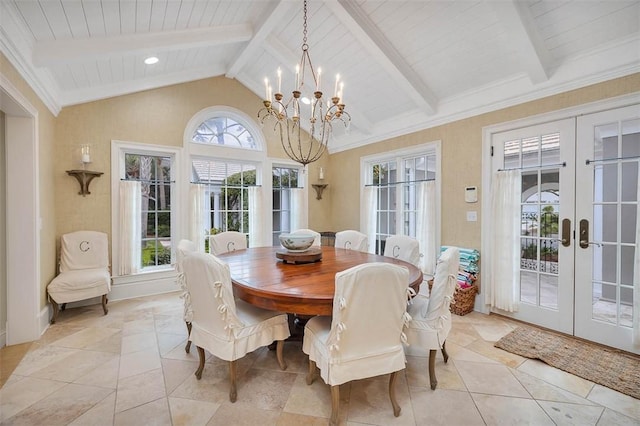 dining room with vaulted ceiling with beams, french doors, light tile patterned floors, and wooden ceiling