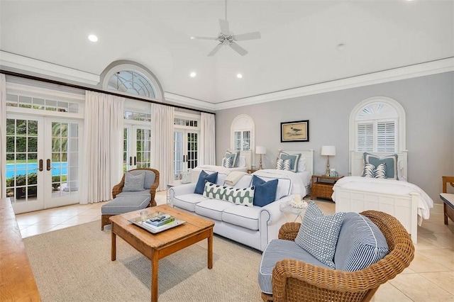 living room with french doors, crown molding, light tile patterned floors, recessed lighting, and vaulted ceiling