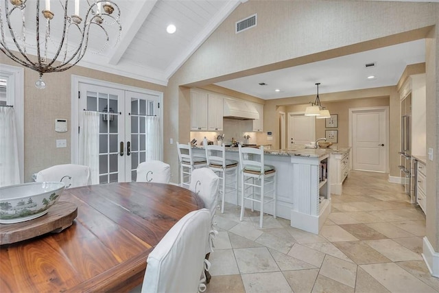 dining space with french doors, recessed lighting, visible vents, high vaulted ceiling, and beamed ceiling