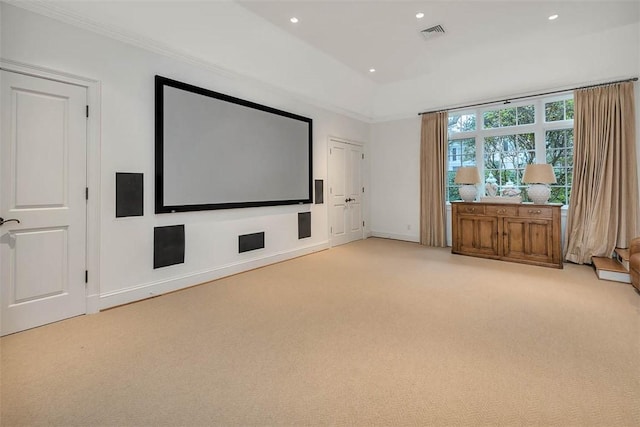 home theater with light carpet, baseboards, visible vents, and recessed lighting