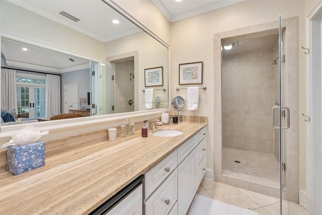 full bathroom with tile patterned flooring, visible vents, crown molding, and a shower stall