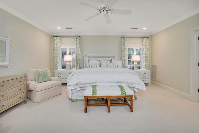 bedroom featuring light carpet, ornamental molding, and visible vents