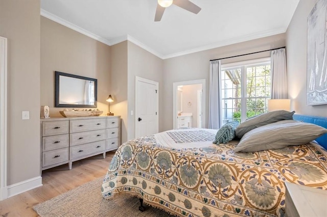 bedroom featuring ceiling fan, light hardwood / wood-style floors, ornamental molding, and ensuite bath