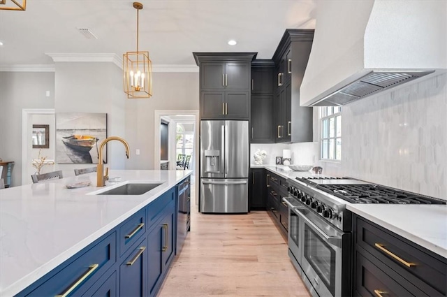 kitchen featuring custom range hood, stainless steel appliances, a wealth of natural light, and sink