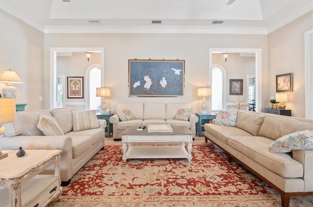 living room featuring a tray ceiling and ornamental molding