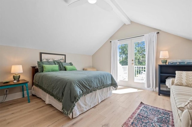 bedroom featuring access to exterior, ceiling fan, french doors, vaulted ceiling with beams, and light wood-type flooring