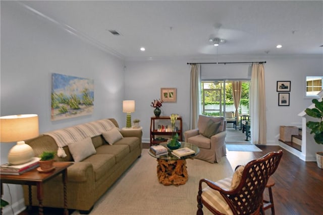 1902 Mariners Cir, Saint Simons Island, GA 31522 - living area featuring wood finished floors, ornamental molding, recessed lighting, and baseboards