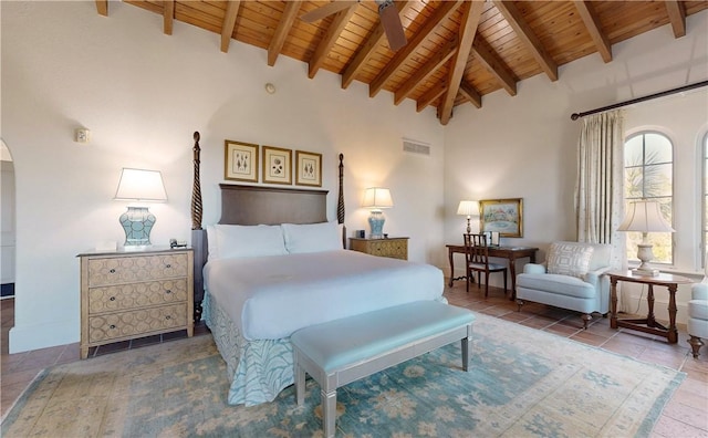 bedroom featuring beamed ceiling, high vaulted ceiling, and wooden ceiling