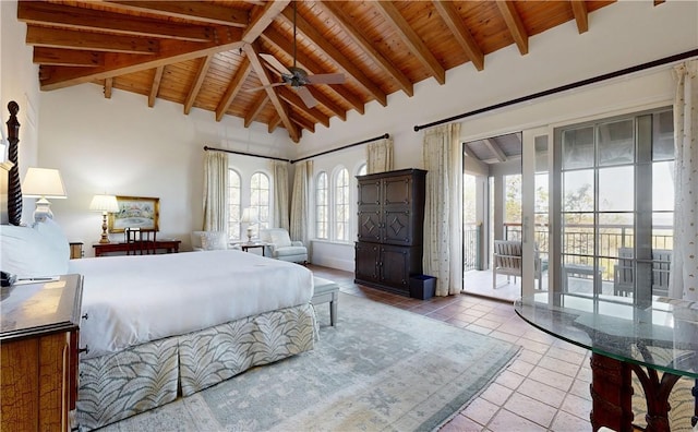 bedroom with beamed ceiling, access to outside, high vaulted ceiling, and wood ceiling