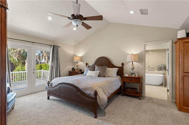 bedroom featuring french doors, lofted ceiling, light carpet, ceiling fan, and access to exterior