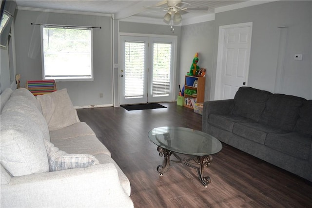 1308 Dean Dr, Waycross, GA 31501 - living room featuring wood finished floors, a ceiling fan, and crown molding