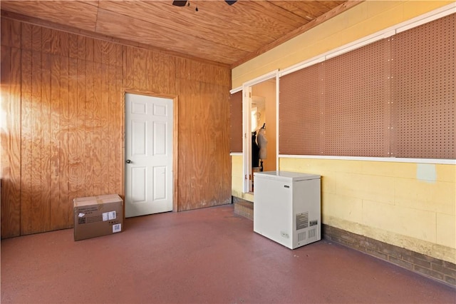 interior space with ceiling fan, wood ceiling, and wood walls