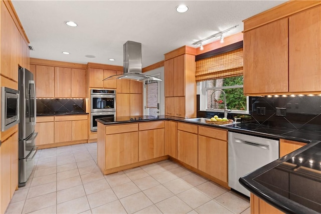 kitchen featuring sink, stainless steel appliances, backsplash, track lighting, and island range hood