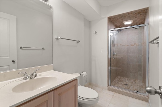 bathroom with tile patterned flooring, vanity, an enclosed shower, and toilet