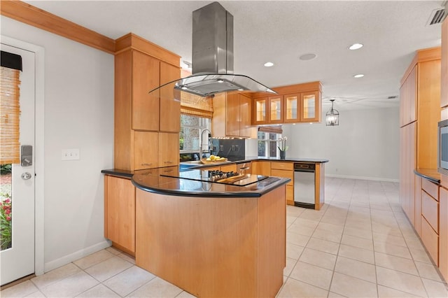 kitchen featuring hanging light fixtures, ornamental molding, light tile patterned flooring, kitchen peninsula, and island exhaust hood