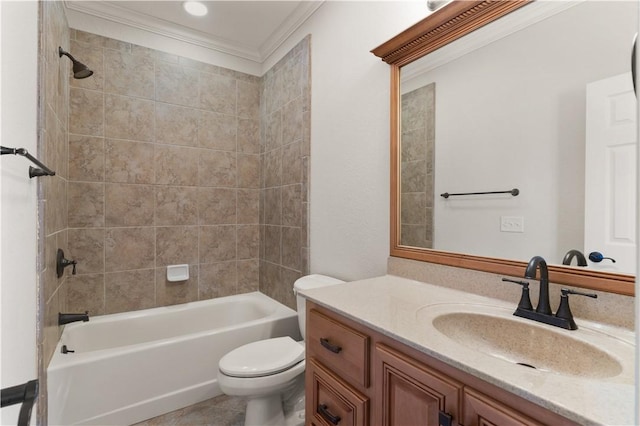 full bathroom with toilet, vanity, tiled shower / bath combo, and ornamental molding